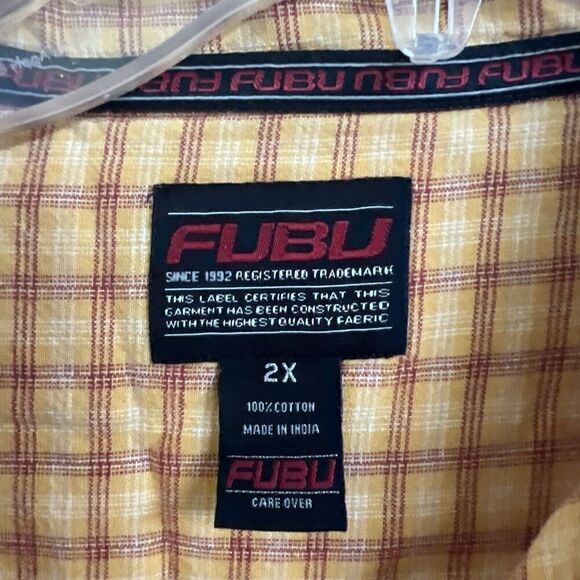 Fubu Shirt Mens 2XL Yellow Plaid Short Sleeve Button-Up Collared Tee Cotton Logo - Picture 2 of 8
